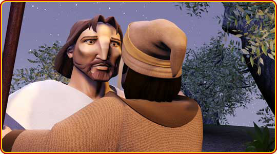 Judas kisses Jesus in the Garden of Gethsemane