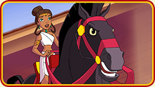Portia rides her horse, Spurion